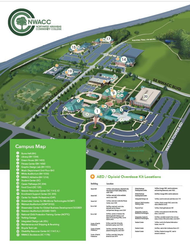 Bentonville Campus Map with Opioid Kit Locations
