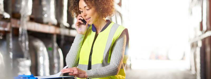 Woman Wearing a Safety Vest and on a Phone